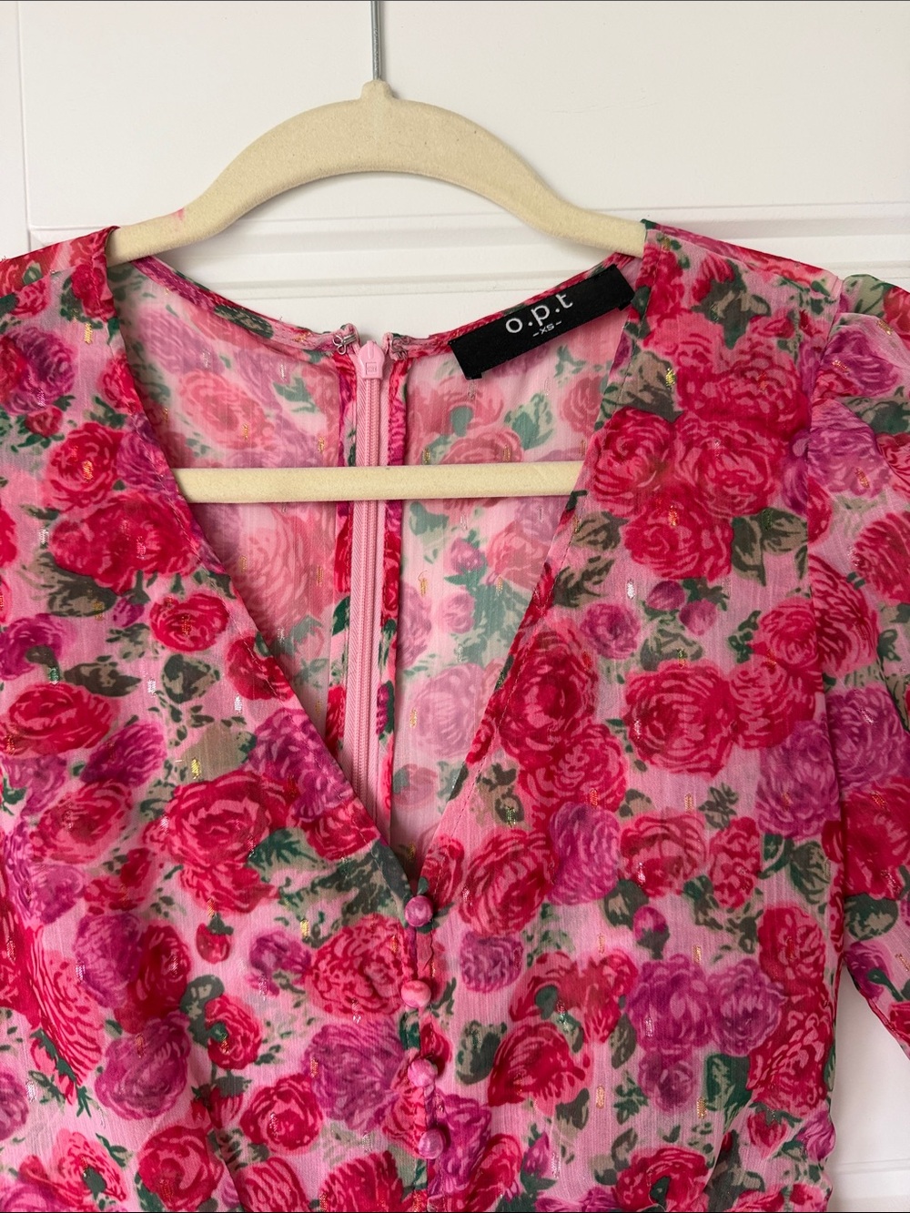 Bright Pink Floral V-Neck Midi Dress - Picture 2 of 4